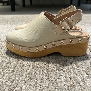 Kelsi Dagger Cream Mules with Gold Accents